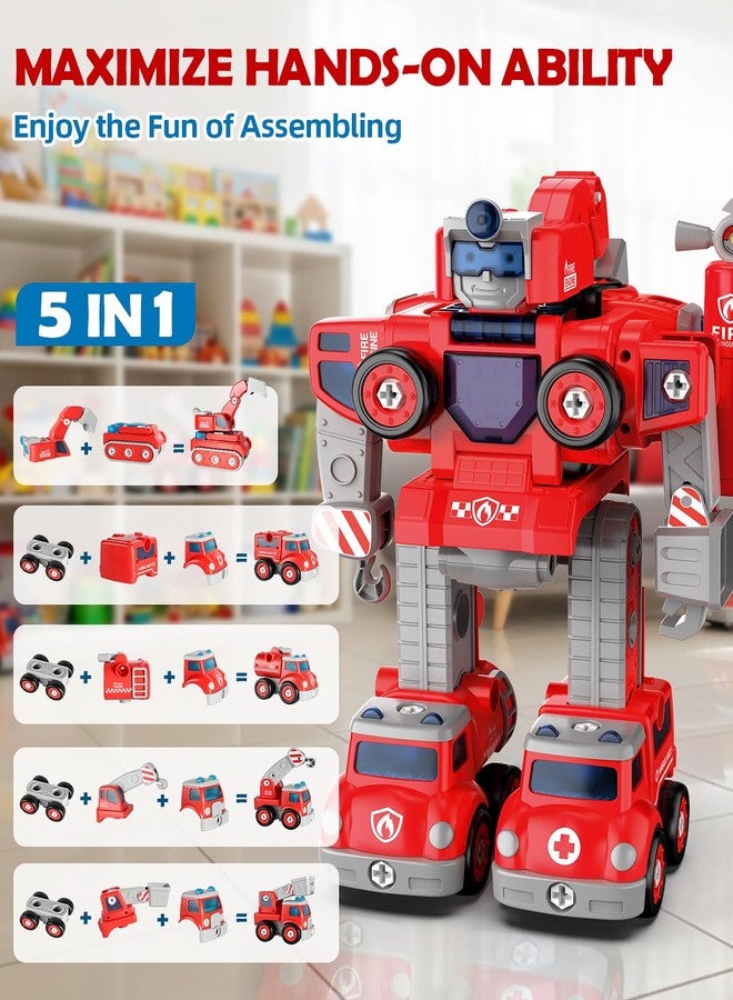 Baobrava Transformers Toys for 4 5 6 7 8 Year Old Boys, 5-in-1 Fire Truck Car Toys to Take Apart Transform to Robot, STEM Building Toys, Montessori Creative Drill Screw Set Birthday Gifts for Kids - Image 4